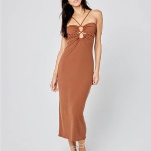 Lspace brown form fitting ribbed midi dress cutout size small